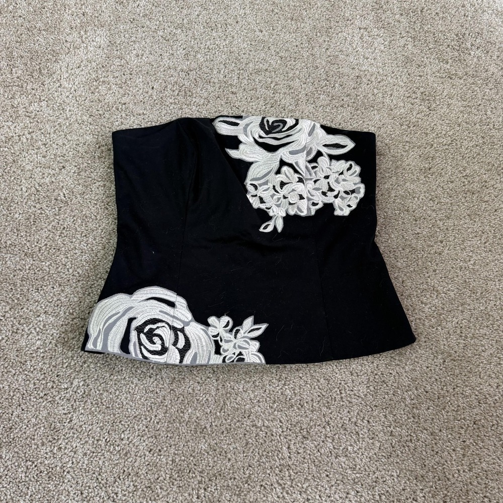 White House Black Market Black Strapless Bustier Top with White Floral Appliqué